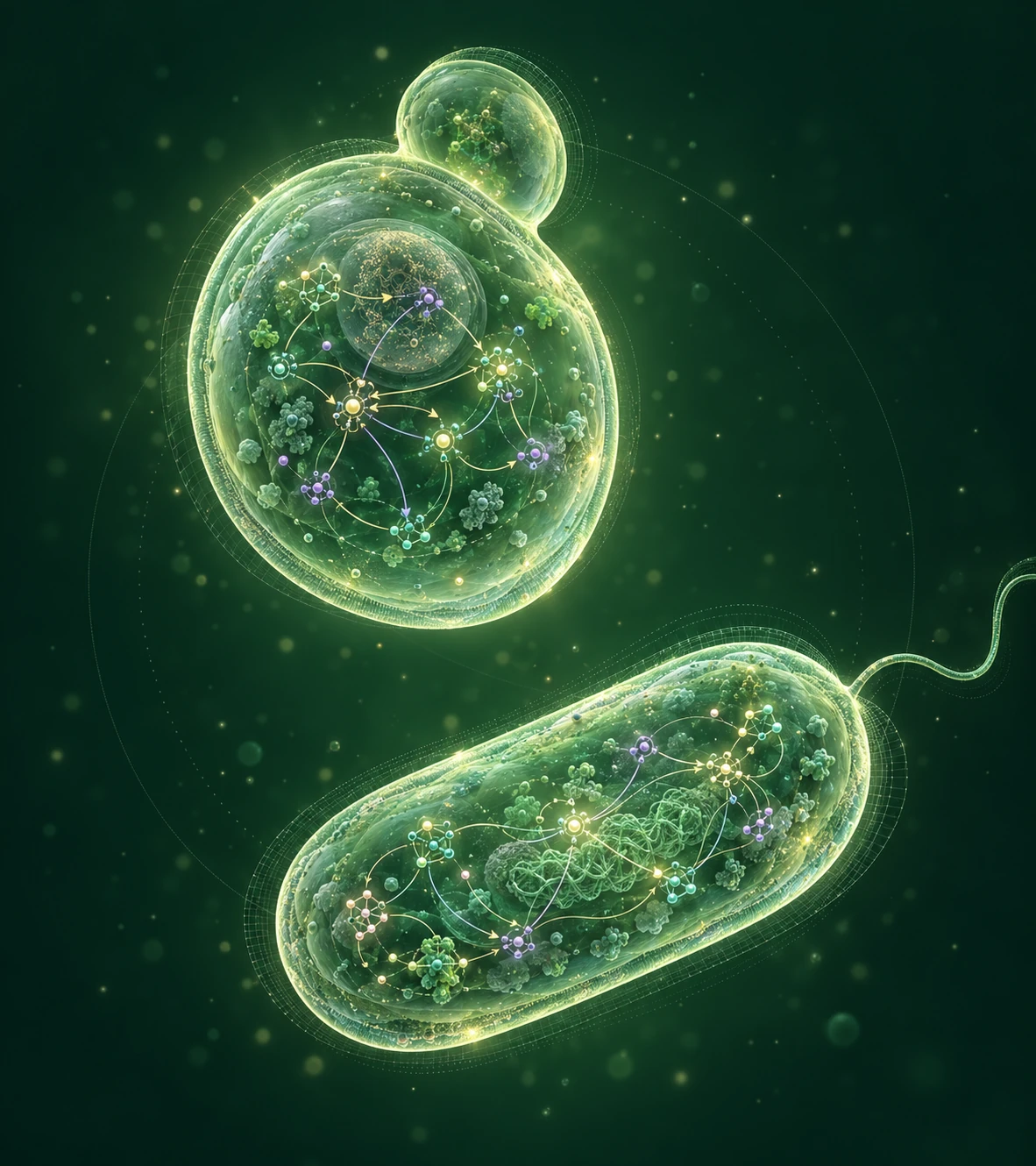 Translucent 3D digital twins of a budding yeast cell and a bacterium, with luminous gene regulatory networks and fine computational mesh contours